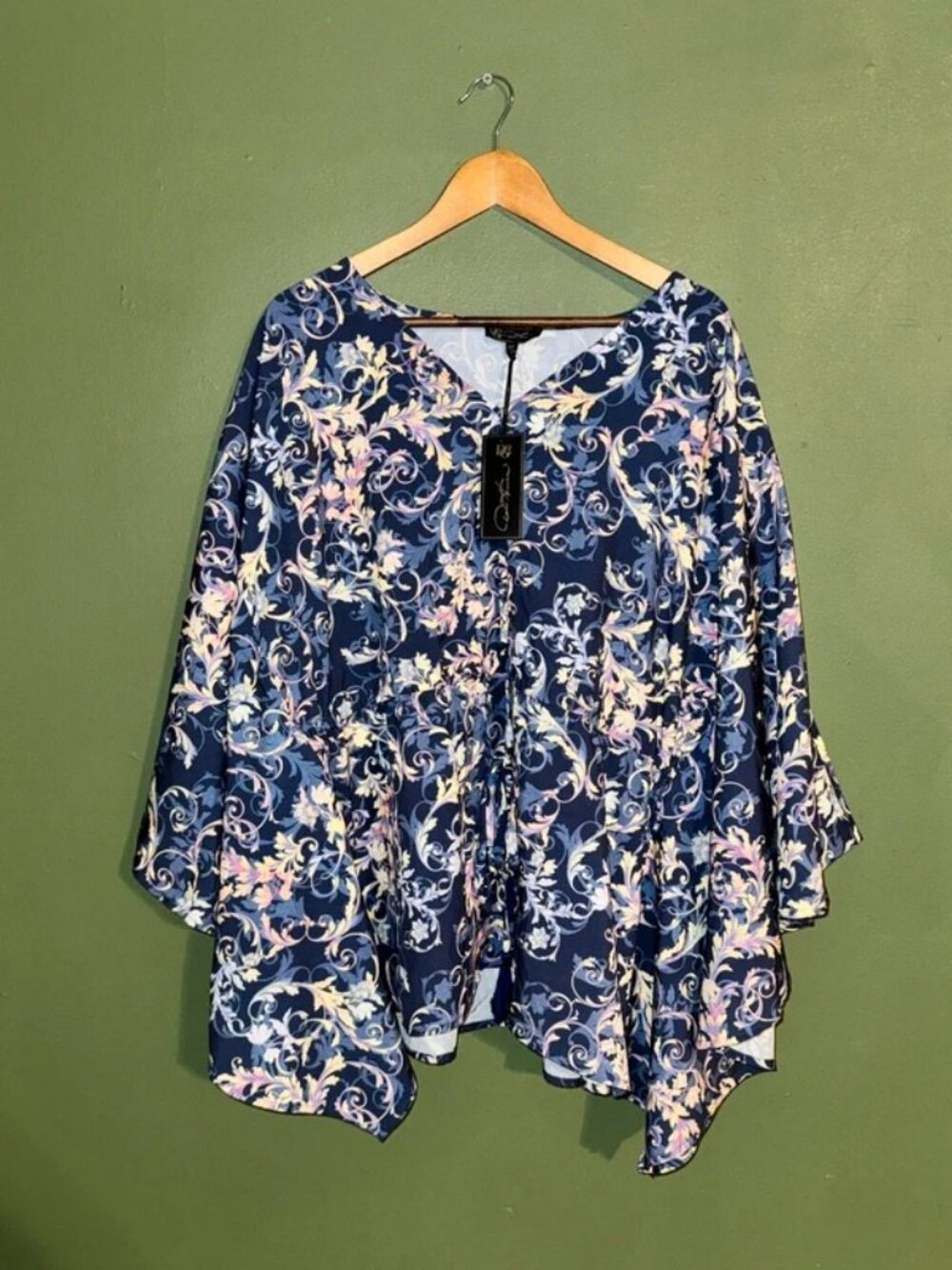 DG2 by Diane Gilman Navy Baroque Scroll Floral Kimono Sleeve Top NWT 1X